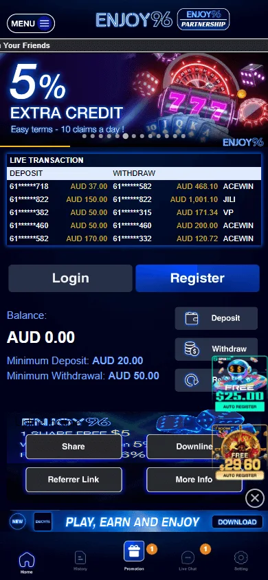 Enjoy96 Casino mobile browser home view