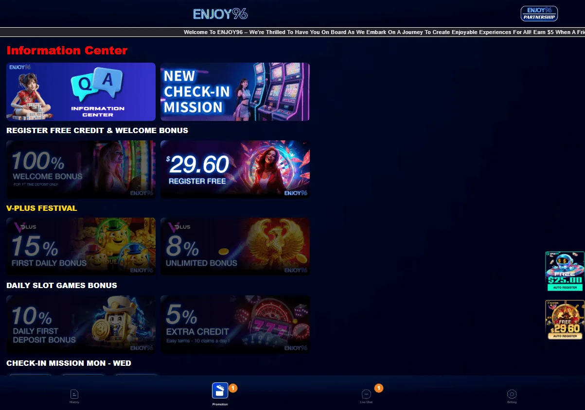 Enjoy96 Casino promotions area on desktop