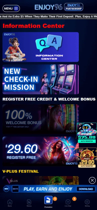Enjoy96 Casino promotions area on mobile