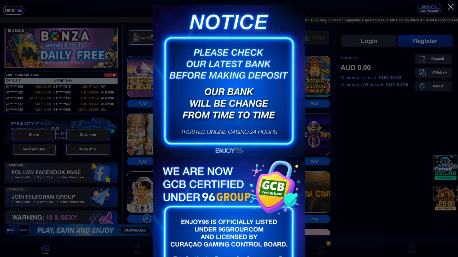 Enjoy96 Casino games catalogue on desktop