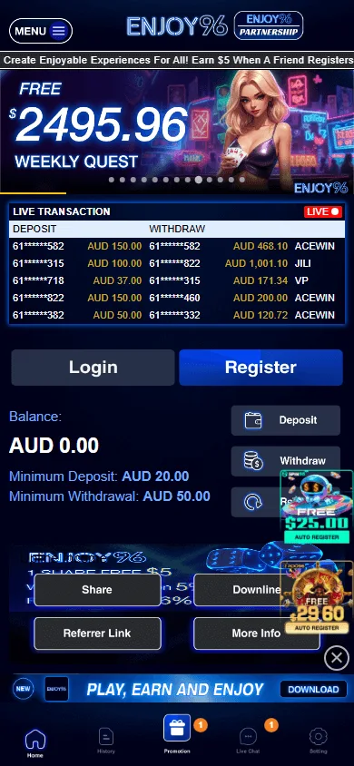 Enjoy96 Casino games catalogue on mobile